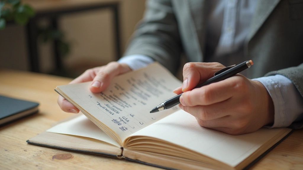 Close-up van handen met notitieboekje waar Nederlandse zinnen in staan geschreven, potlood erbij