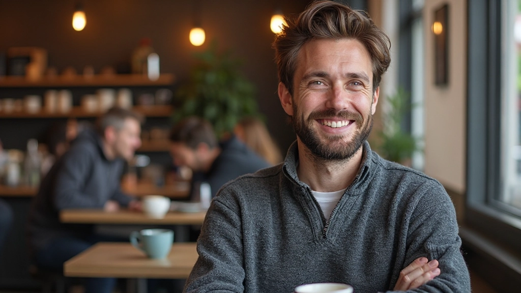 Jonge man in een coffeeshop, ontspannen zittend met een kopje koffie, glimlachend terwijl hij luistert