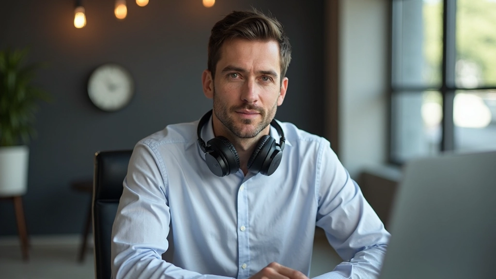 Professionele man in kantoor-omgeving, zittend aan bureau, portret van bovenlichaam, luisterend concentratie, natuurlijke verlichting, onscherpe achtergrond, GEEN tekst, GEEN watermerken