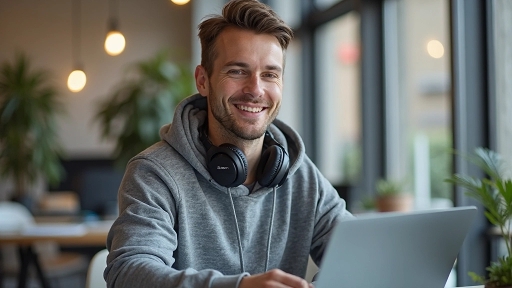 Man met koptelefoon aan, zittend in moderne coworking space, laptop open, portret van bovenlichaam, luisterende concentratie, helder licht, onscherpe achtergrond, GEEN tekst, GEEN watermerken