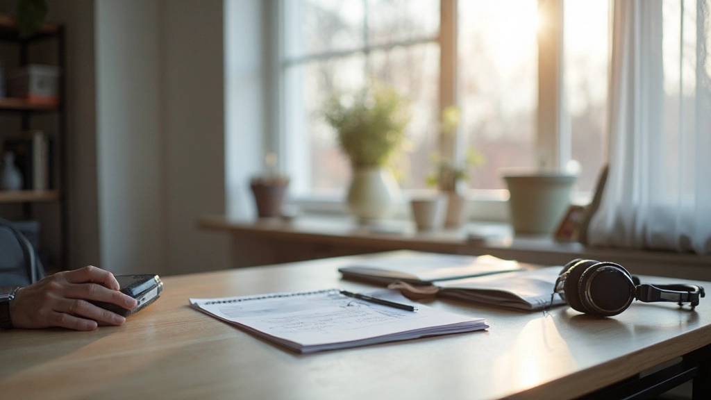 Moderne taalstudio met leermateriaal en koptelefoons op een schoon bureau met natuurlijk licht