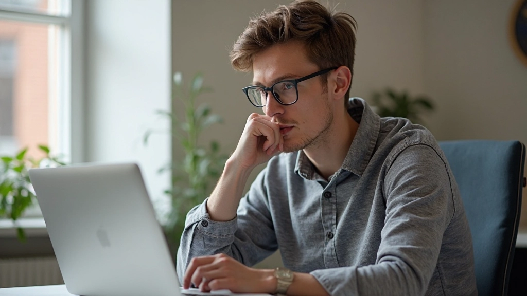 Person frustreerd achter laptop, koptelefoon om nek, illustratie van leermoment met Nederlands leren
