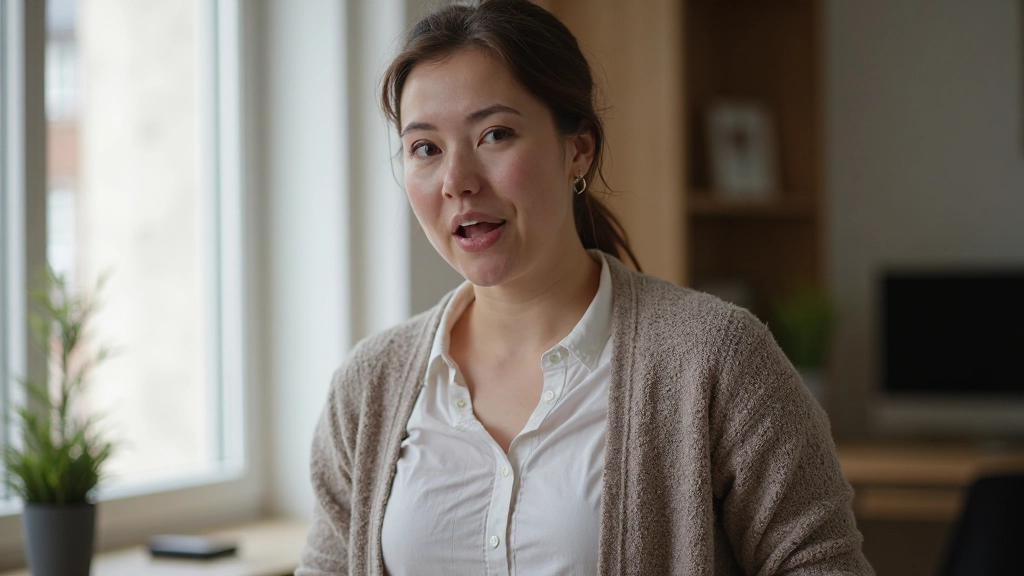 Persoon spreekt met expressievolle gezichtsuitdrukking, portret van bovenlichaam, moderne achtergrond