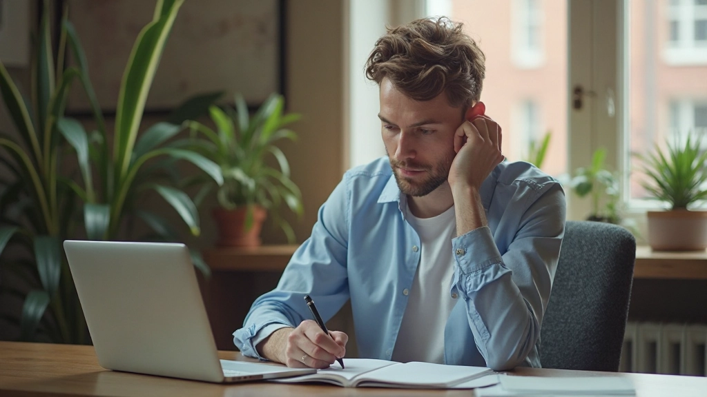 Laptop open met notitieboek ernaast, iemand maakt aantekeningen terwijl naar podcast luistert, georganiseerde werkplek