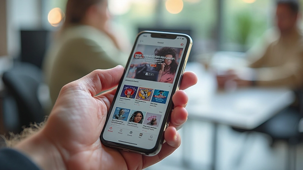 Smartphone scherm met Nederlandse podcast app geopend, verschillende podcasts zichtbaar in categorieën, moderne design interface