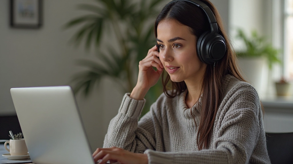 Vrouw in thuisstudio met koptelefoon, zittend aan bureau met laptop, portret van bovenlichaam, geconcentreerde uitdrukking, zachte verlichting, onscherpe achtergrond, GEEN tekst, GEEN watermerken