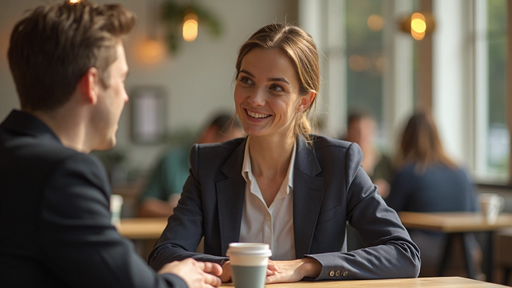 Twee mensen voeren een levendig gesprek in een coffeeshop met koffiekopjes op tafel