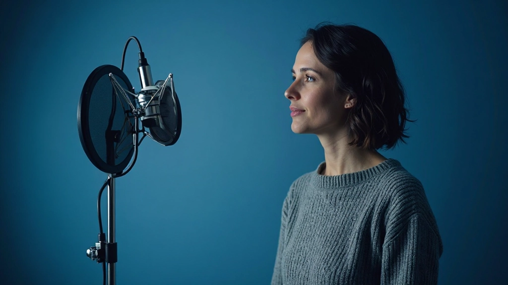 Vrouw spreekt in een microfoon in een moderne studio met blauwe achtergrond